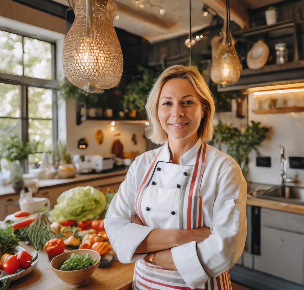 A cheerful chef in her 40s with blonde hair, wearing a white chef's jacket and apron, stands in a well-lit kitchen surrounded by fresh vegetables like tomatoes, lettuce, and herbs, ready to prepare a meal.