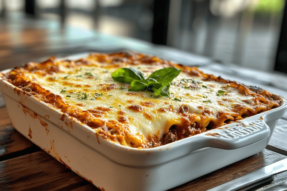 Final dish of Ronzoni lasagna recipe with golden bubbly cheese and fresh basil, served in a white dish on a wooden table.