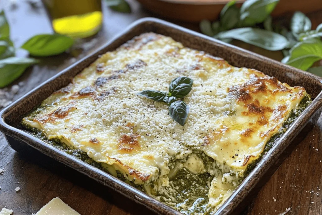 Freshly baked Ligurian lasagna with golden pesto and béchamel layers, topped with Parmesan, served in a rustic dish on a wooden table