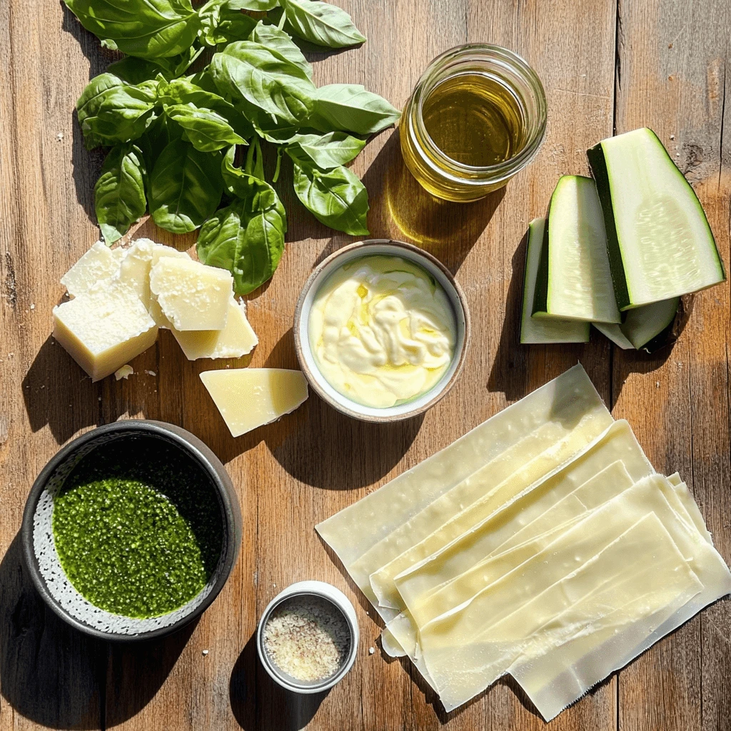 Flat-lay of Ligurian lasagna ingredients, including lasagna sheets, pesto, béchamel sauce, Parmesan, zucchini, and fresh basil on a wooden countertop.