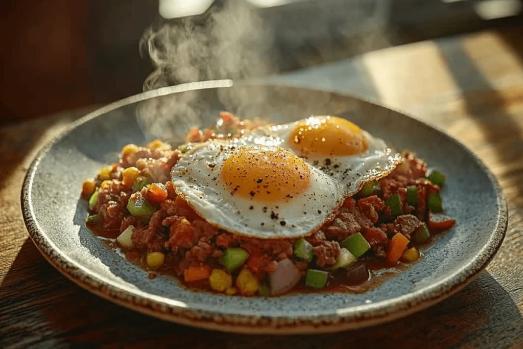 Plated canned corned beef hash with onions, bell peppers, and sunny-side-up eggs, served as a hearty breakfast dish.