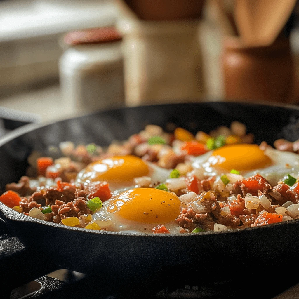 Close-up of canned corned beef, onions, and bell peppers cooking in a skillet with cracked eggs, perfect for a breakfast recipe.