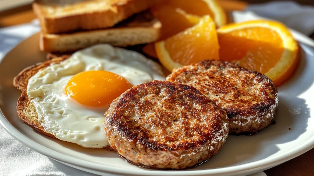 Homemade Jimmy Dean sausage patties served with eggs, toast, and fresh fruit on a breakfast plate.