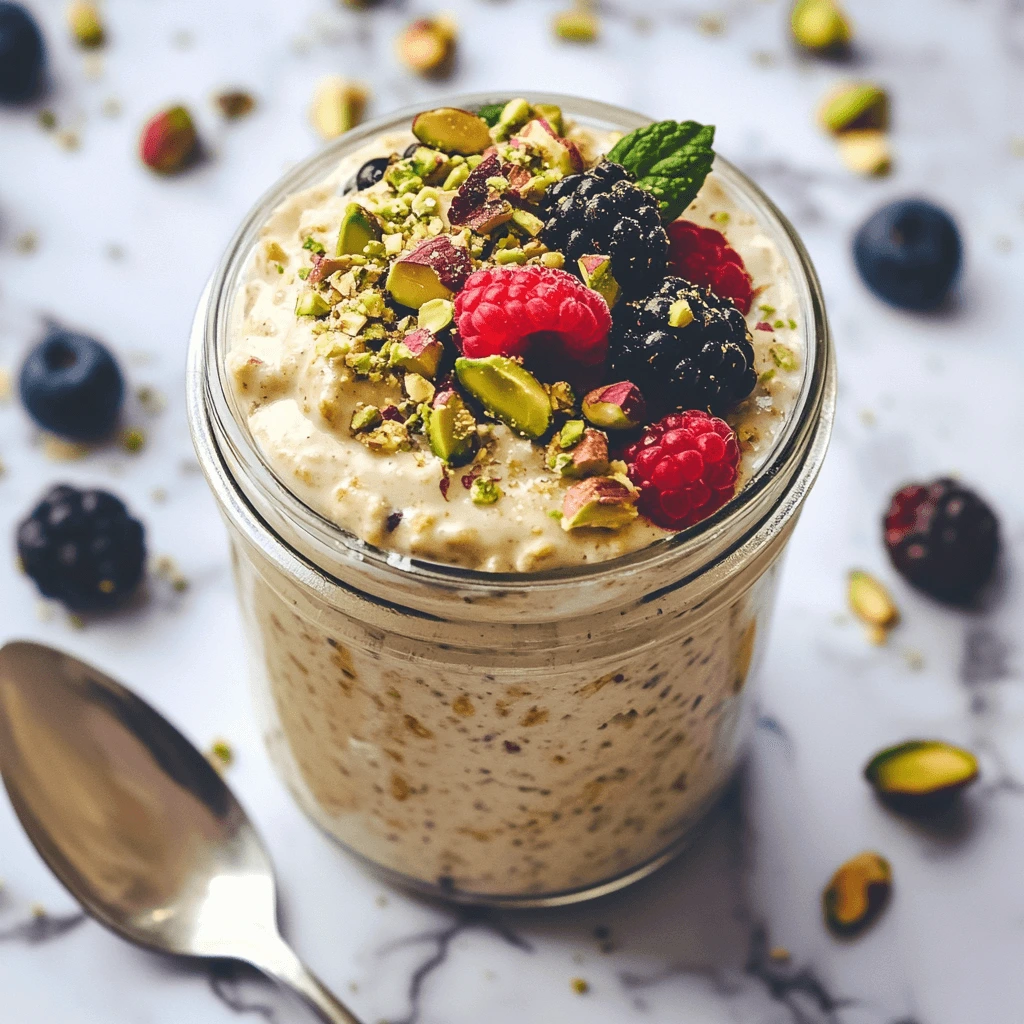 Glass jar of overnight oats with pistachio butter, fresh berries, and crushed pistachios, perfect for a healthy breakfast recipe.