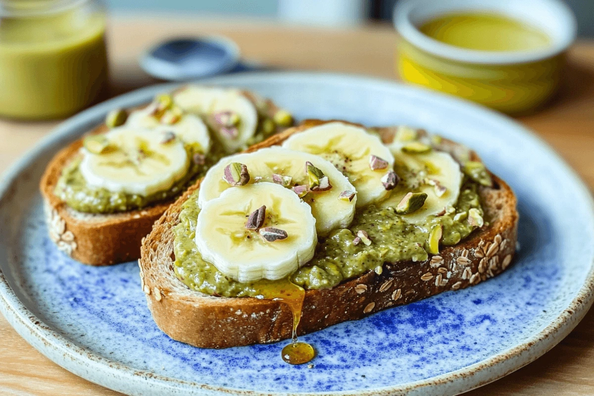 Close-up of pistachio butter toast topped with banana slices and honey, served as a delicious breakfast option.