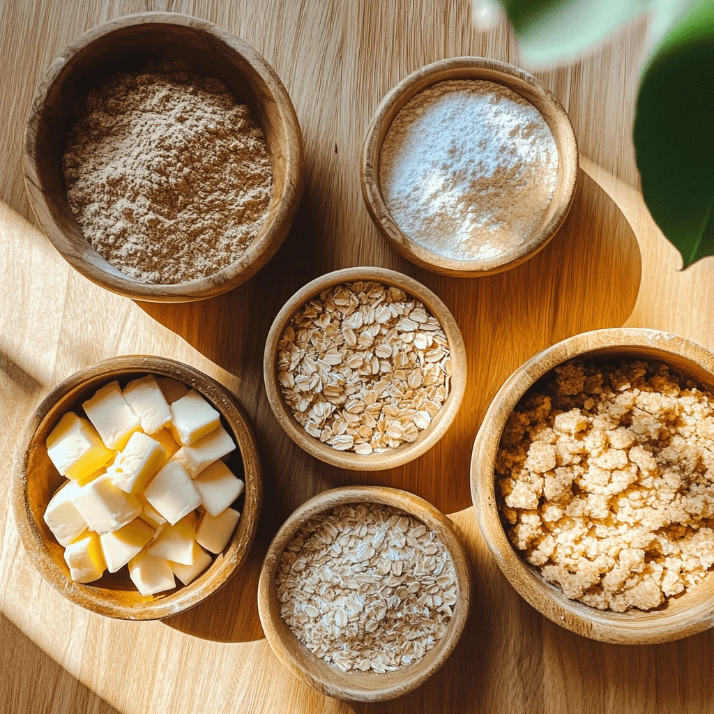 Ingredients for oatmeal streusel topping: oats, butter, brown sugar, cinnamon, and flour, displayed on a wooden countertop. Coffee cake recipe preparation step.