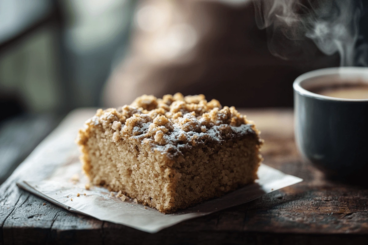 Freshly baked coffee cake with crumbly oatmeal streusel topping, served on a wooden table with a cup of coffee—perfect for breakfast or brunch. Coffee cake recipe visual.