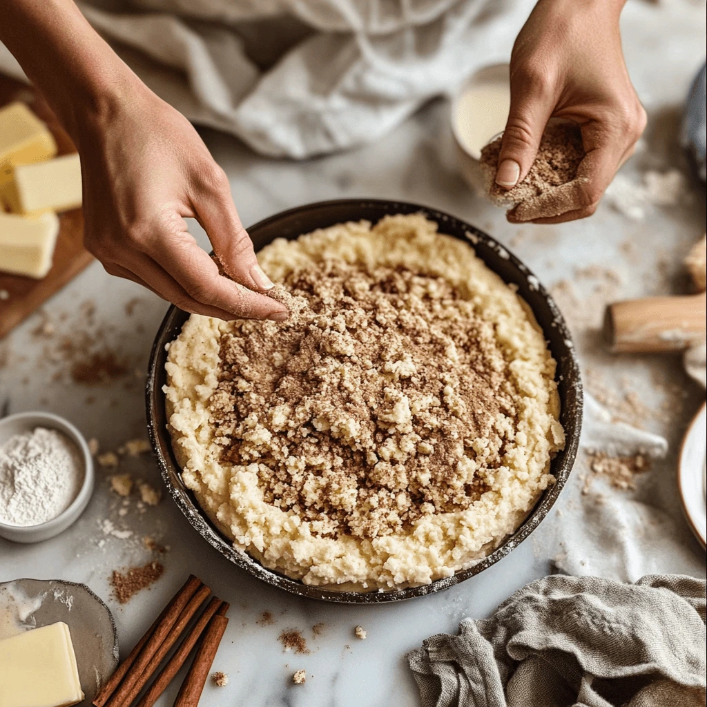 Hands sprinkling streusel topping over unbaked grandma coffee cake batter, with ingredients like cinnamon and butter on a kitchen countertop.