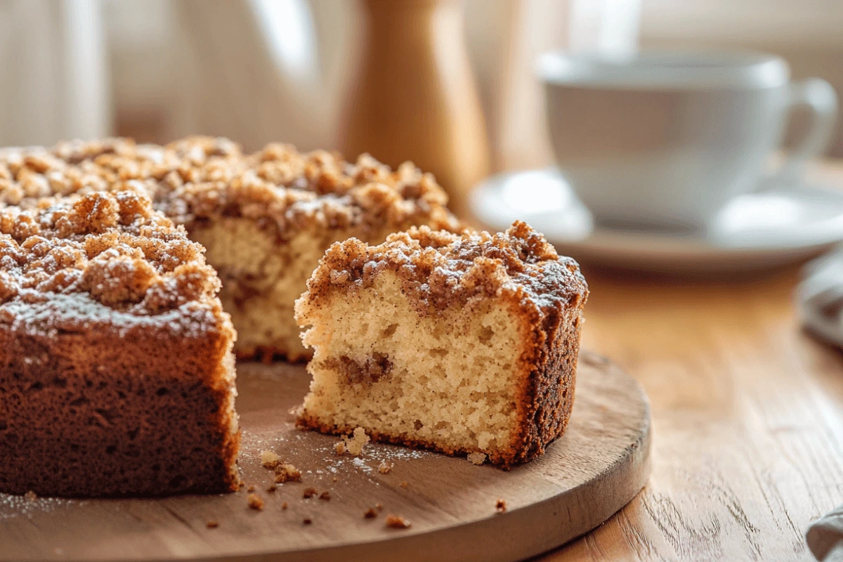 A freshly baked grandma coffee cake with a golden streusel topping, sliced to reveal its moist texture, perfect for breakfast or brunch.