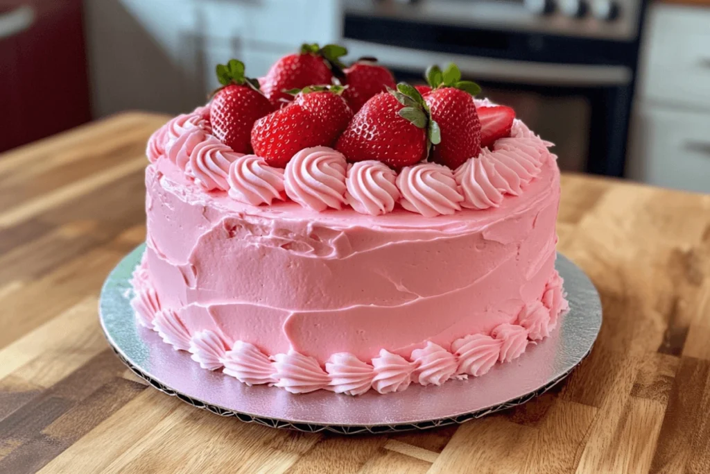 A pink birthday cake with pastel buttercream frosting, piped edges, and fresh strawberries, perfect for celebrations.