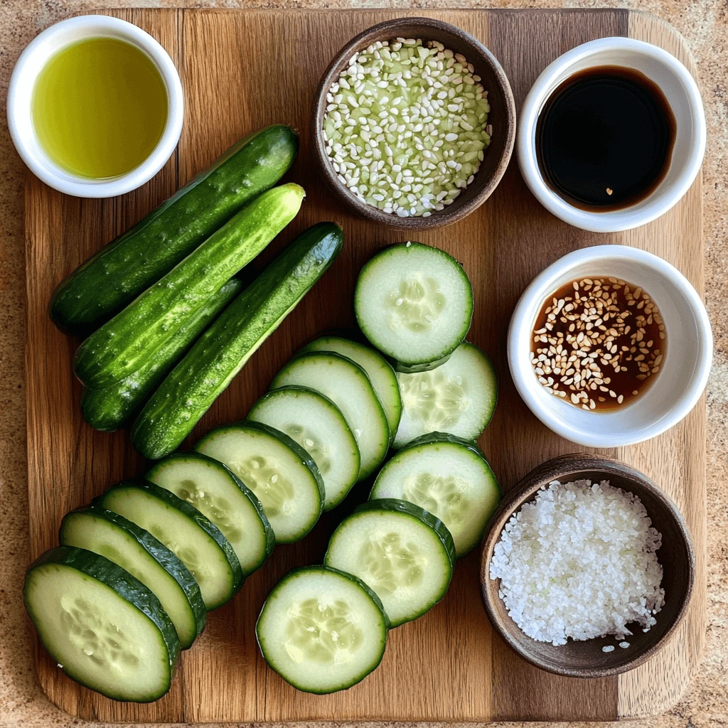 Preparation of Din Tai Fung Salad with sliced Persian cucumbers, soy sauce, sesame oil, and rice vinegar on a wooden cutting board.