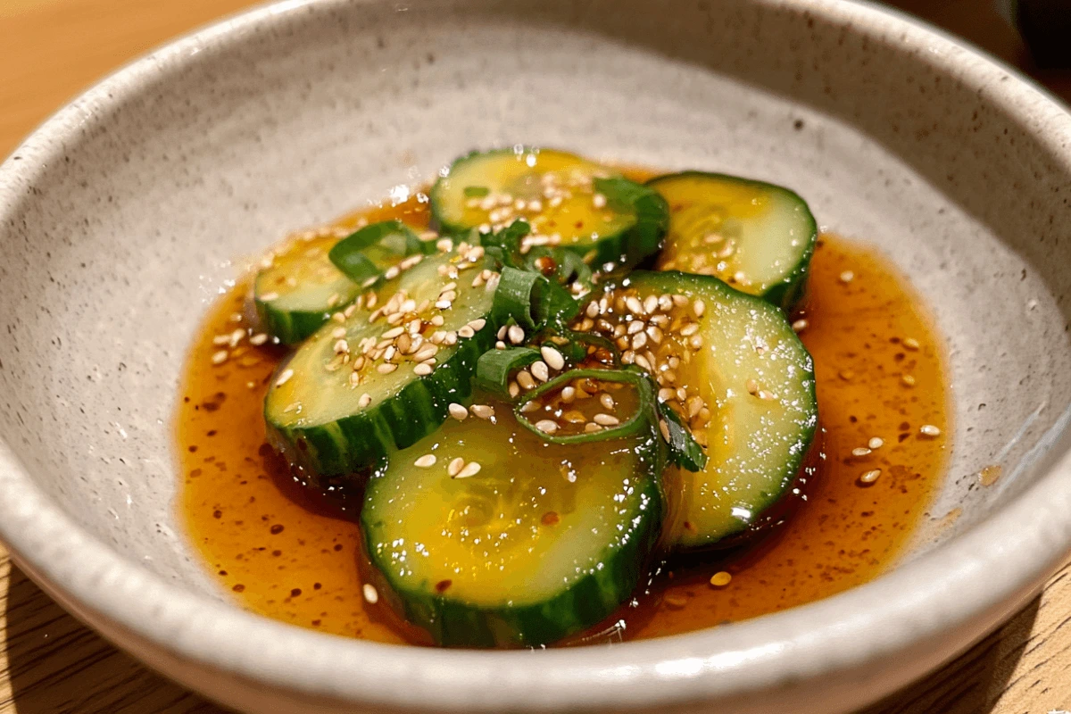 Din Tai Fung Salad in a white bowl garnished with sesame seeds and chili oil, a refreshing and easy homemade recipe.