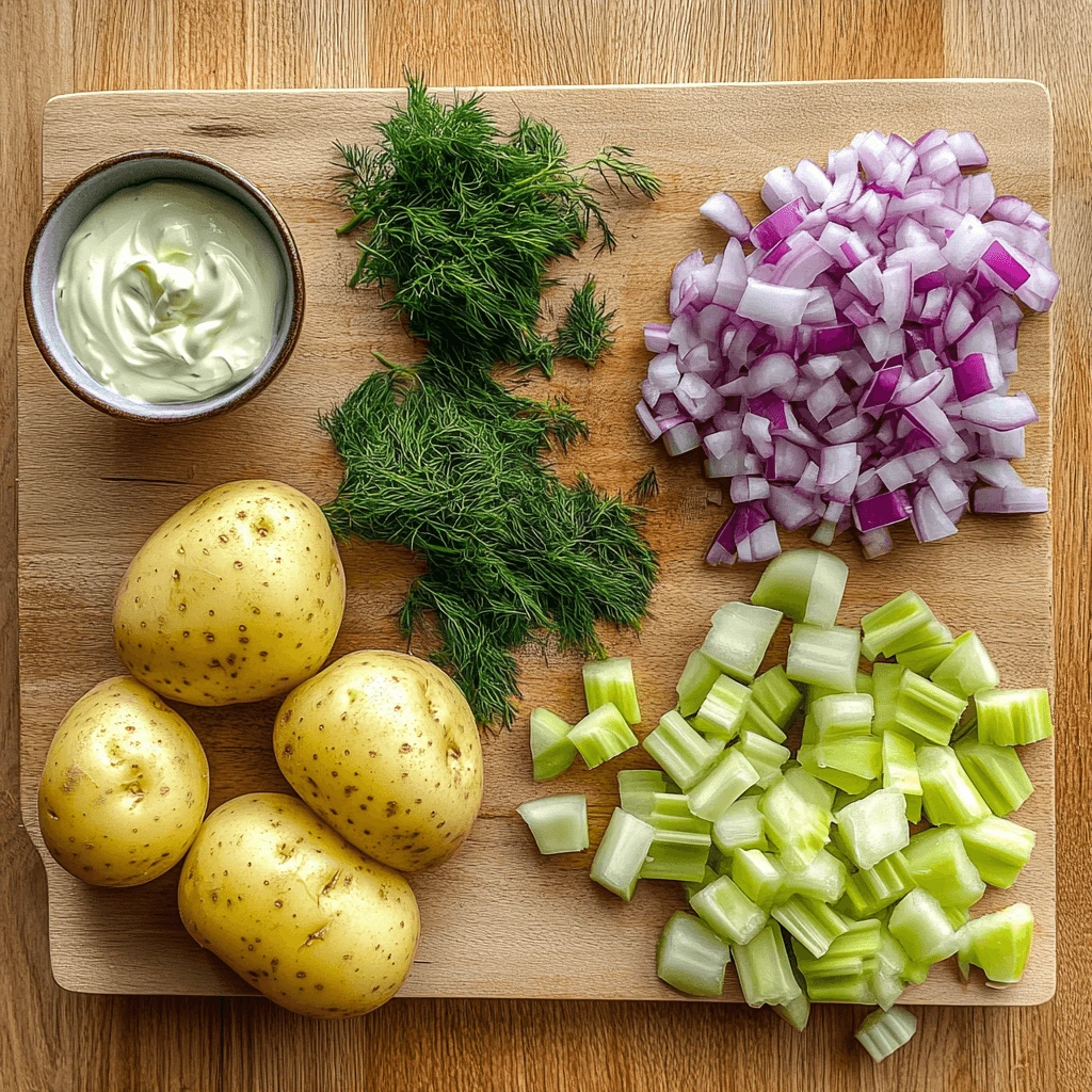 Flat lay of ingredients for Ozette Potato Salad, including unpeeled Ozette potatoes, celery, red onions, fresh dill, mayonnaise, and Dijon mustard on a wooden countertop.