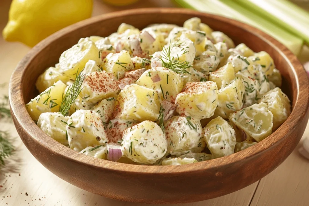 Freshly prepared Ozette Potato Salad served in a rustic wooden bowl, garnished with dill and smoked paprika, surrounded by fresh ingredients like red onion and celery.