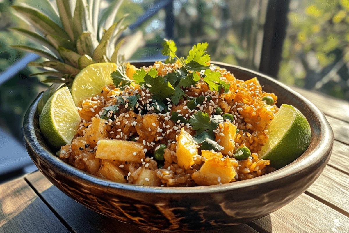 Final presentation of pineapple bowls filled with pineapple fried rice, garnished with cilantro, lime wedges, and sesame seeds on a wooden table.