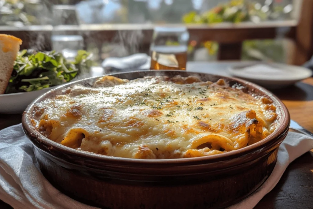 Freshly baked San Giorgio lasagna in a ceramic dish with golden melted mozzarella, served with salad and garlic bread on a cozy kitchen table.