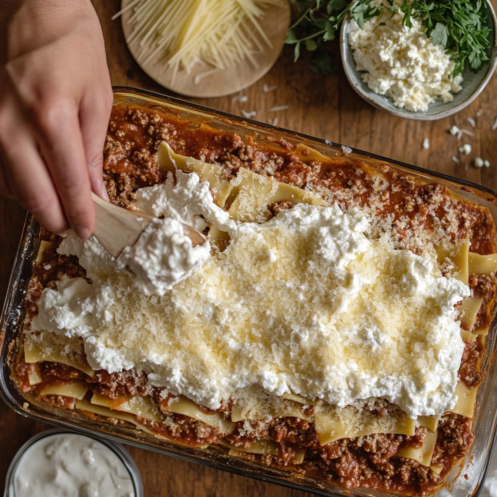 Step-by-step layering of San Giorgio lasagna with ricotta cheese, noodles, and meat sauce in a baking dish on a wooden countertop.