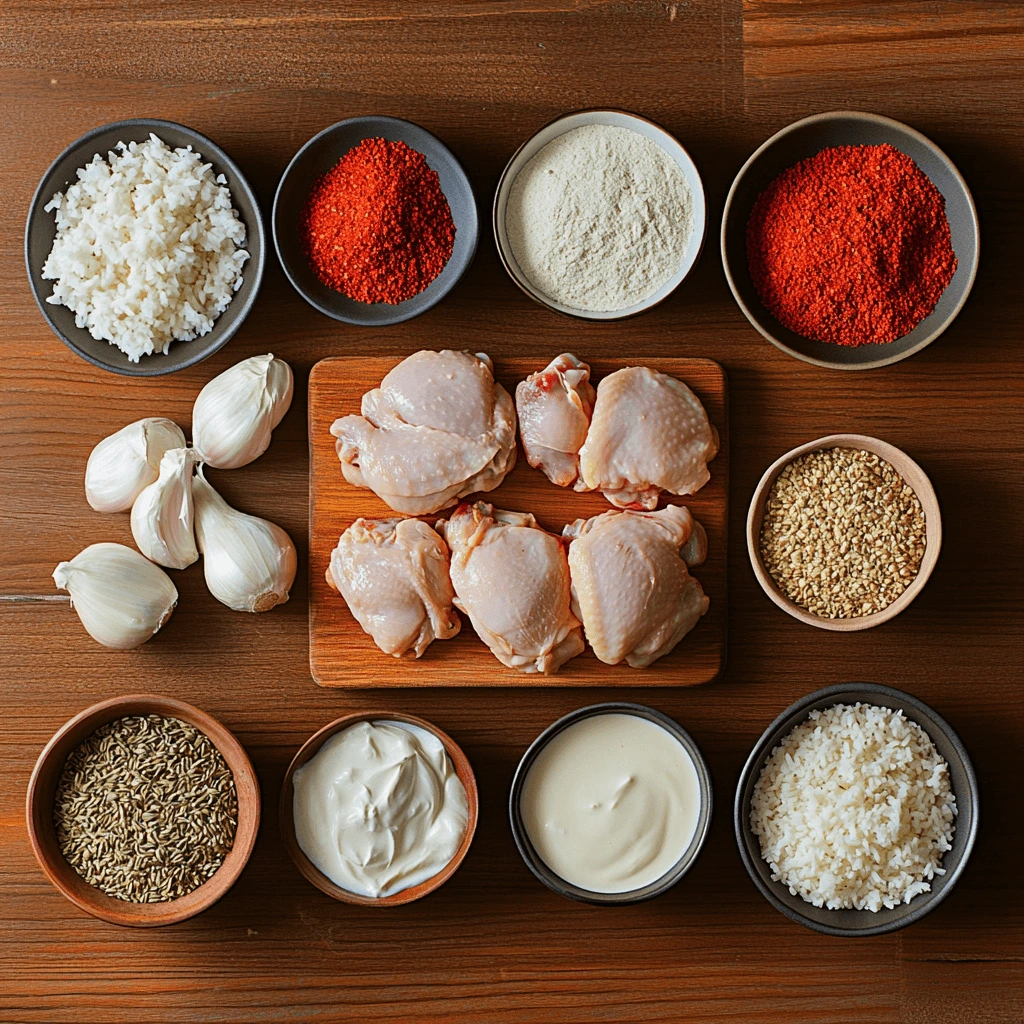 Preparation process of a forgotten chicken recipe with seasoned chicken thighs, white rice, cream of mushroom soup, and chicken broth on a wooden countertop.