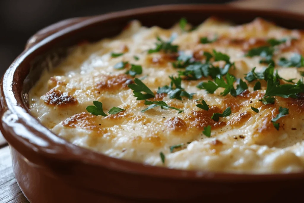 Freshly baked forgotten chicken recipe in a casserole dish with golden chicken and creamy rice, garnished with parsley.