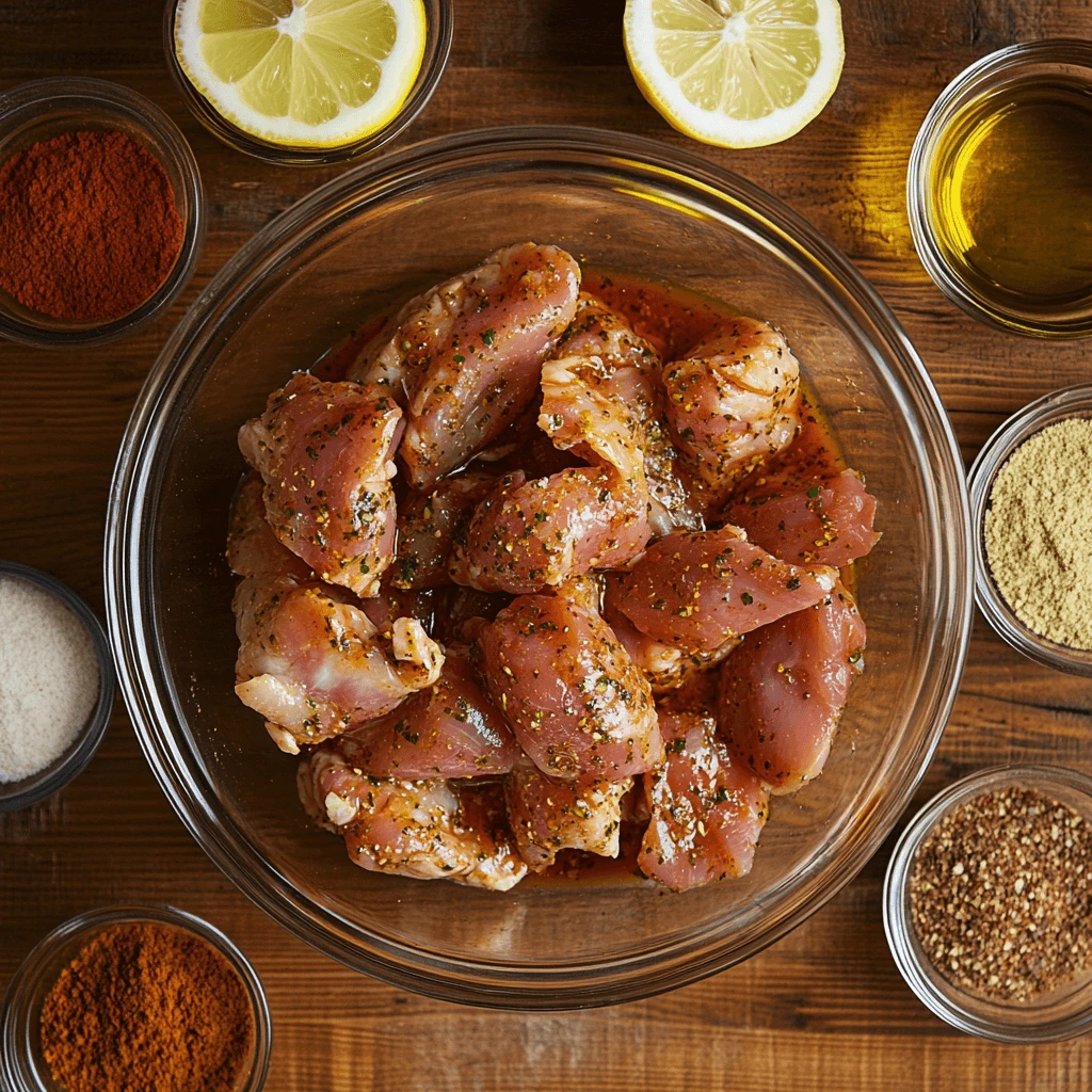 Raw chicken pieces marinating in a vibrant red mixture of spices and herbs, surrounded by key ingredients like olive oil, lemon wedges, and smoked paprika. A step in the Chick-fil-A grilled nuggets recipe preparation.