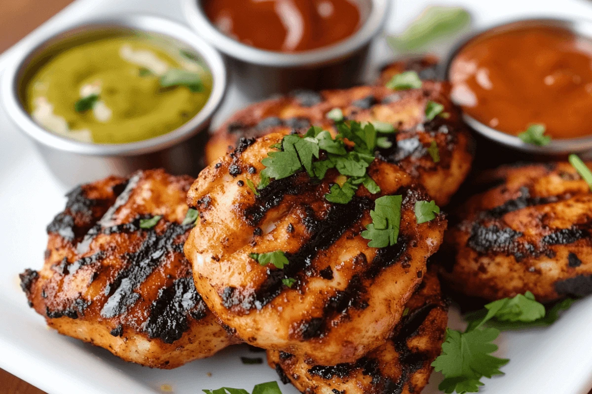 A plate of freshly grilled Chick-fil-A-style nuggets with golden-brown char marks, served with honey mustard, barbecue, and Polynesian sauces. Perfect for recreating the Chick-fil-A grilled nuggets recipe at home.