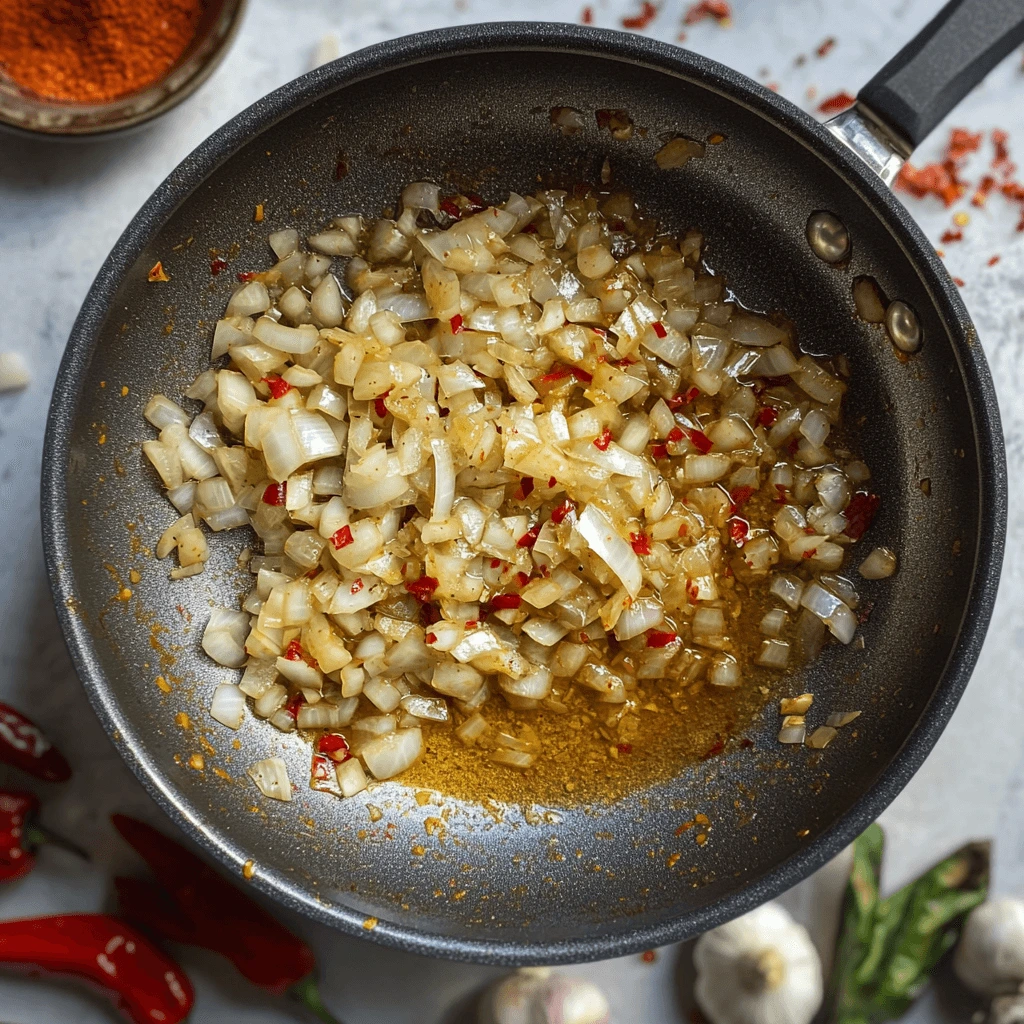 Preparation of Amarillo sauce for Churu Chicken Amarillo recipe, showing sautéed onions, garlic, and ají amarillo paste in a skillet.