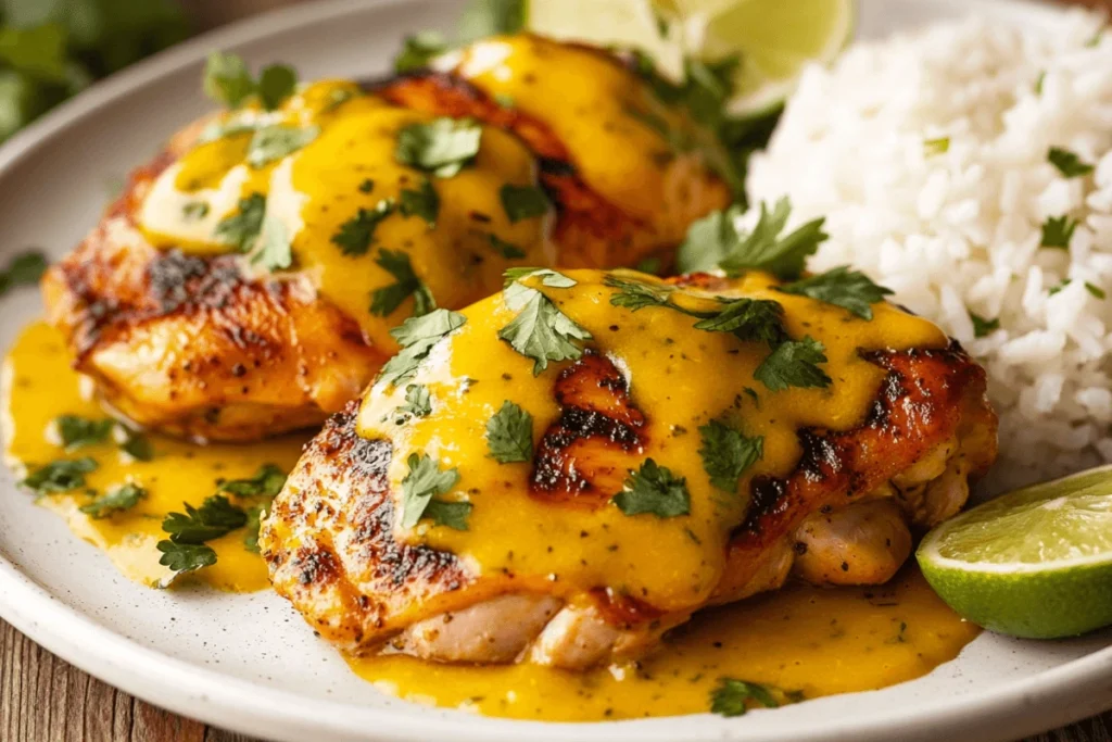 Final presentation of Churu Chicken Amarillo recipe, featuring golden-yellow sauce over tender chicken with rice and lime garnish.