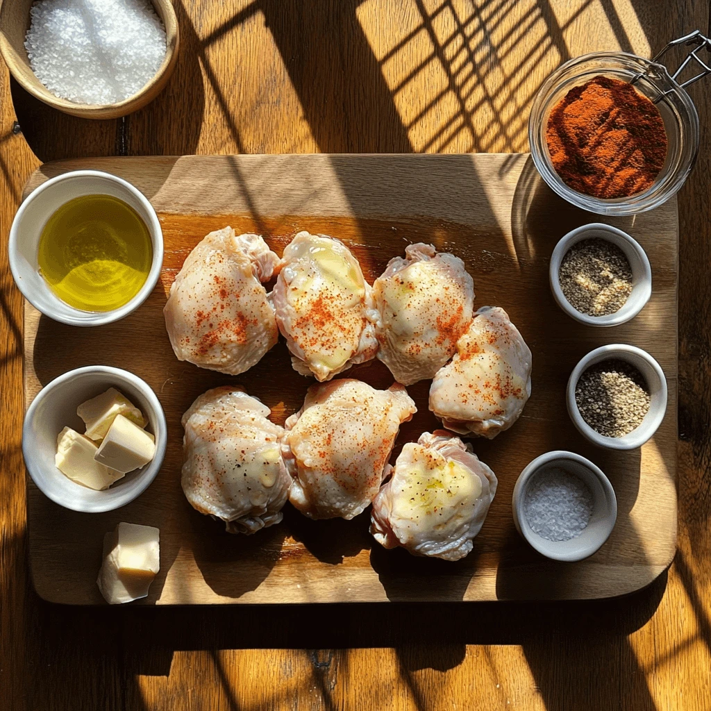 Preparing the best Golden Corral baked chicken recipe with raw chicken thighs brushed with butter and surrounded by seasonings.