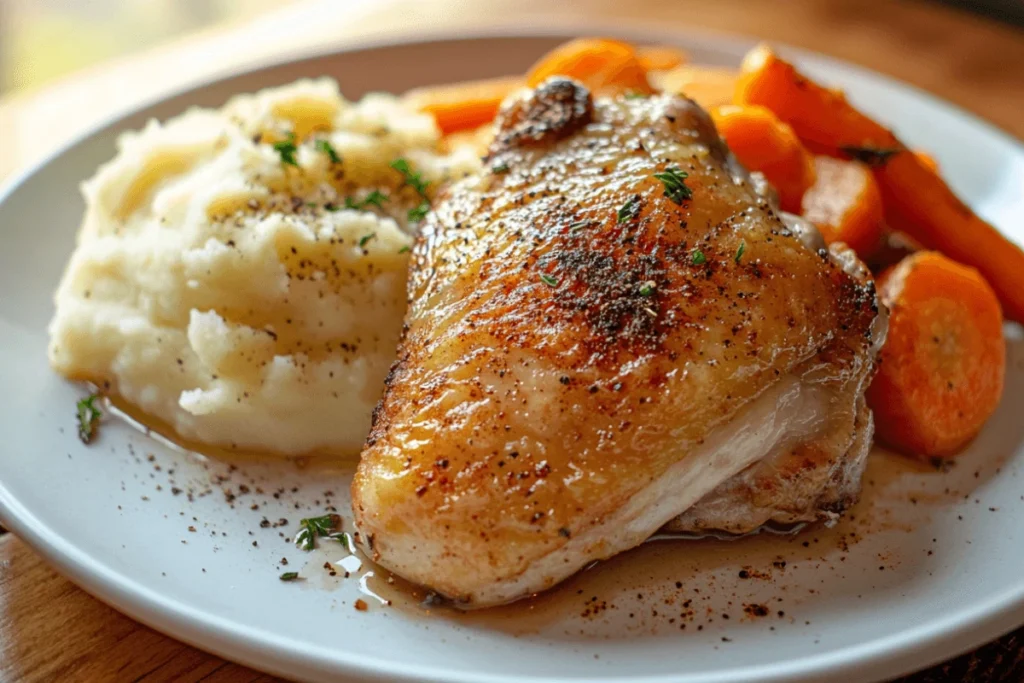 Golden Corral baked chicken recipe with crispy golden skin served with mashed potatoes and roasted carrots, showcasing the final dish.