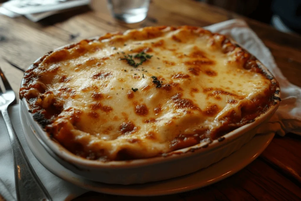 Freshly baked Creamette lasagna with golden melted cheese and rich layers of pasta, meat sauce, and cheese on a rustic table.