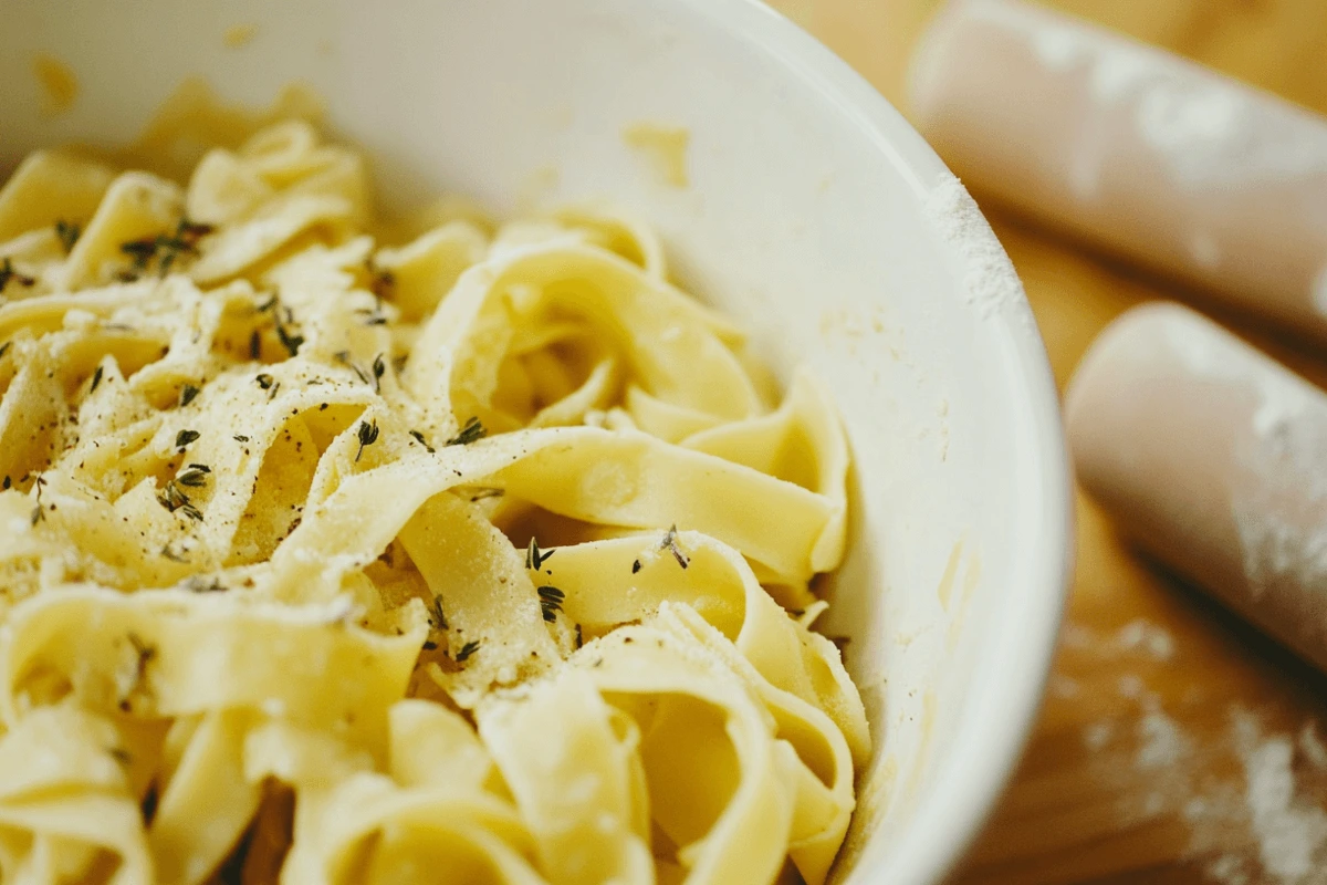 Freshly cooked gluten-free egg noodles served in a white bowl, lightly tossed with olive oil and herbs, perfect for homemade pasta dishes.