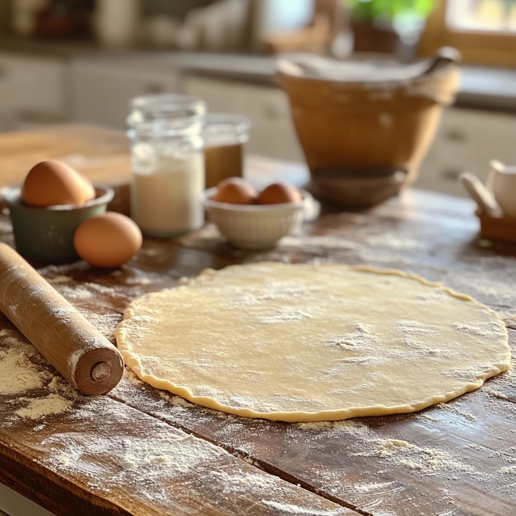 Gluten-free dough being rolled out on a floured wooden countertop with a rolling pin, ideal for making homemade egg noodles.