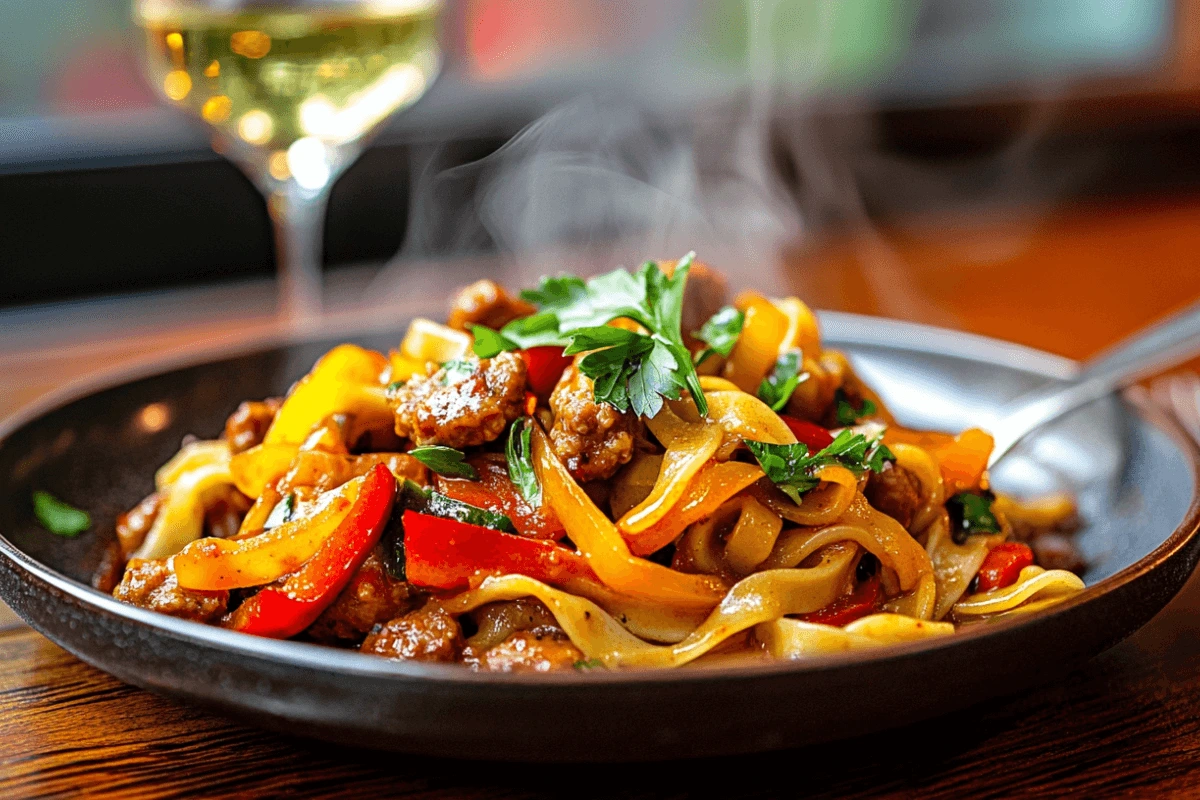 Plate of Italian Drunken Noodles with sausage, egg noodles, and tomato-wine sauce, garnished with fresh parsley, served on a wooden table.