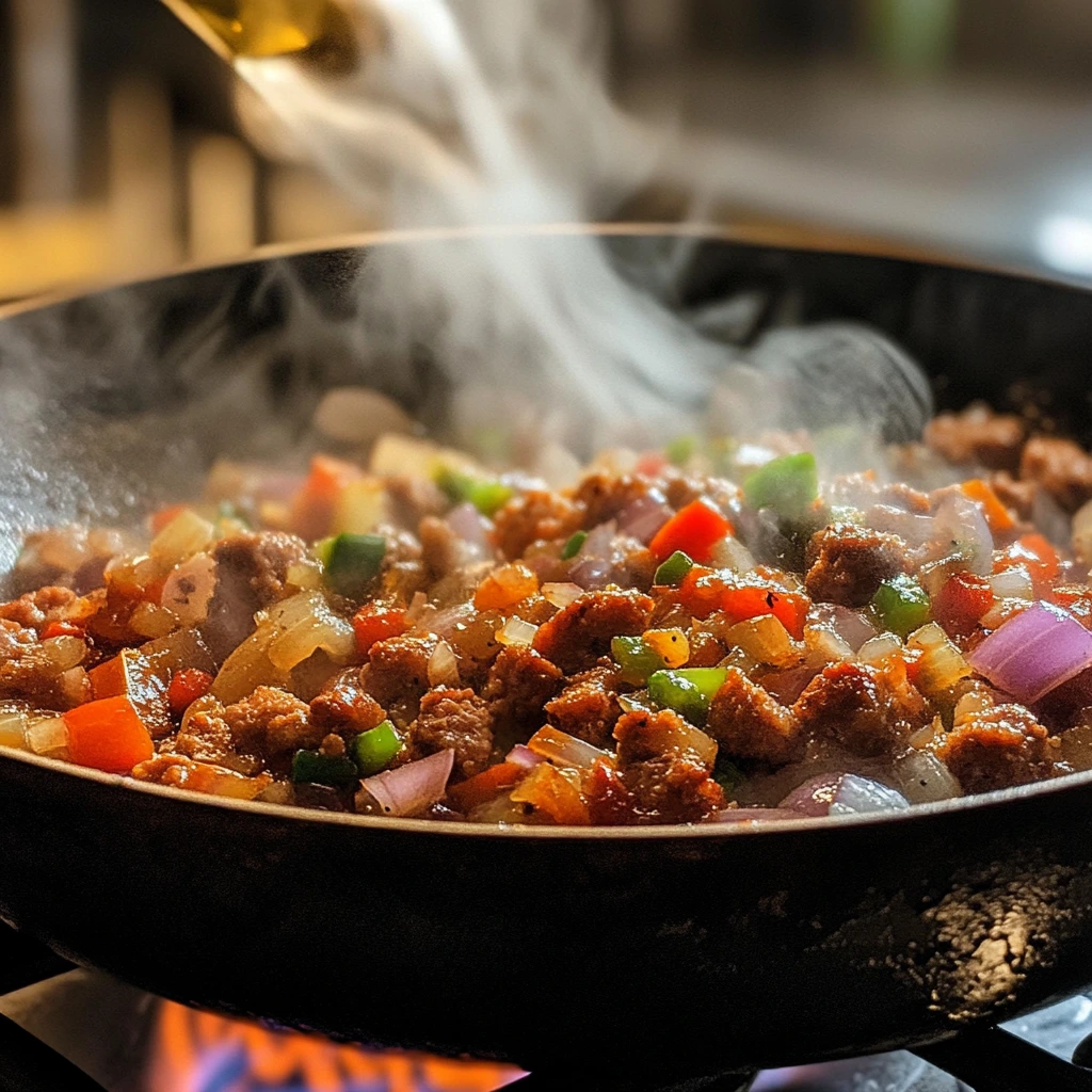 Skillet of Italian Drunken Noodles sauce with sausage, bell peppers, onions, and white wine being poured for deglazing