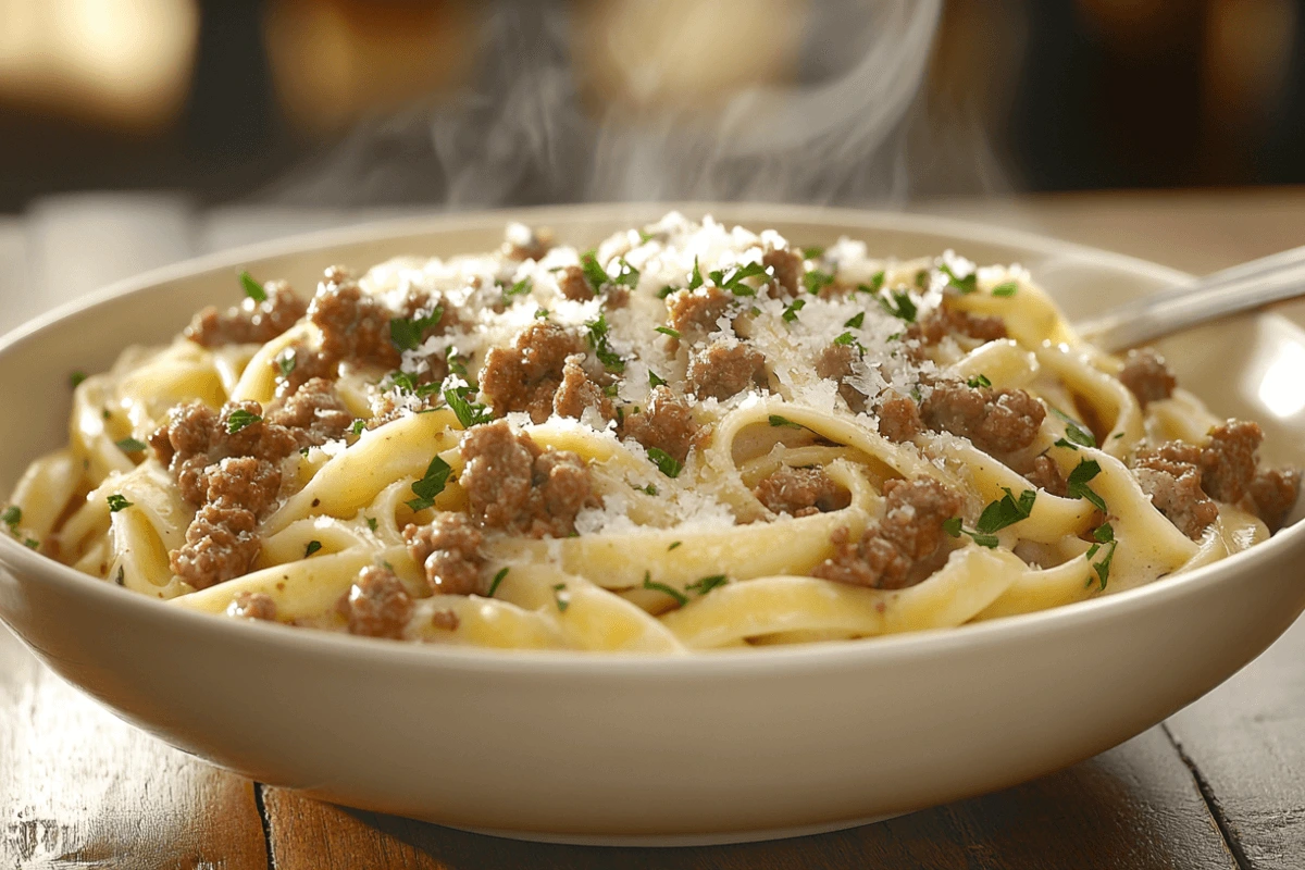 A bowl of Ground Beef Alfredo with fettuccine pasta, garnished with parsley and Parmesan cheese, served on a rustic wooden table