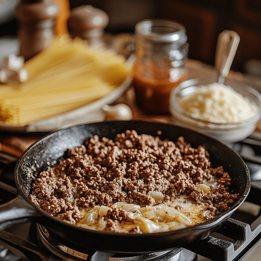 Ground beef browning in a skillet with garlic and onions, alongside Alfredo sauce and pasta on a kitchen countertop.