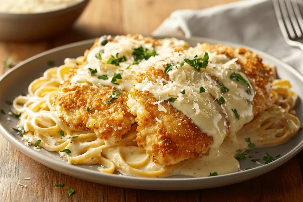 A freshly plated Chicken Parmesan Alfredo dish with crispy breaded chicken, creamy Alfredo sauce, and garnished with parsley and Parmesan.