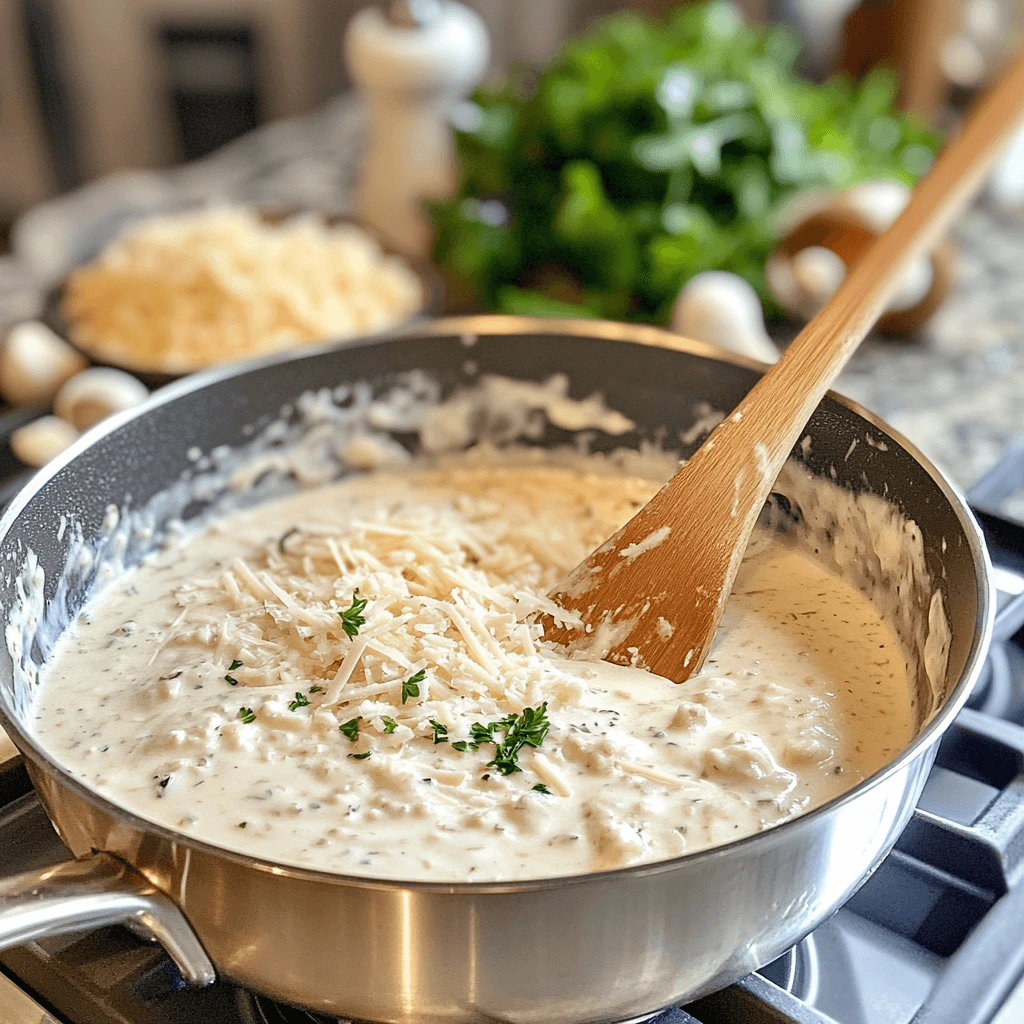 Close-up of Alfredo sauce being stirred in a saucepan with Parmesan cheese and garlic, highlighting the preparation of Chicken Parmesan Alfredo.