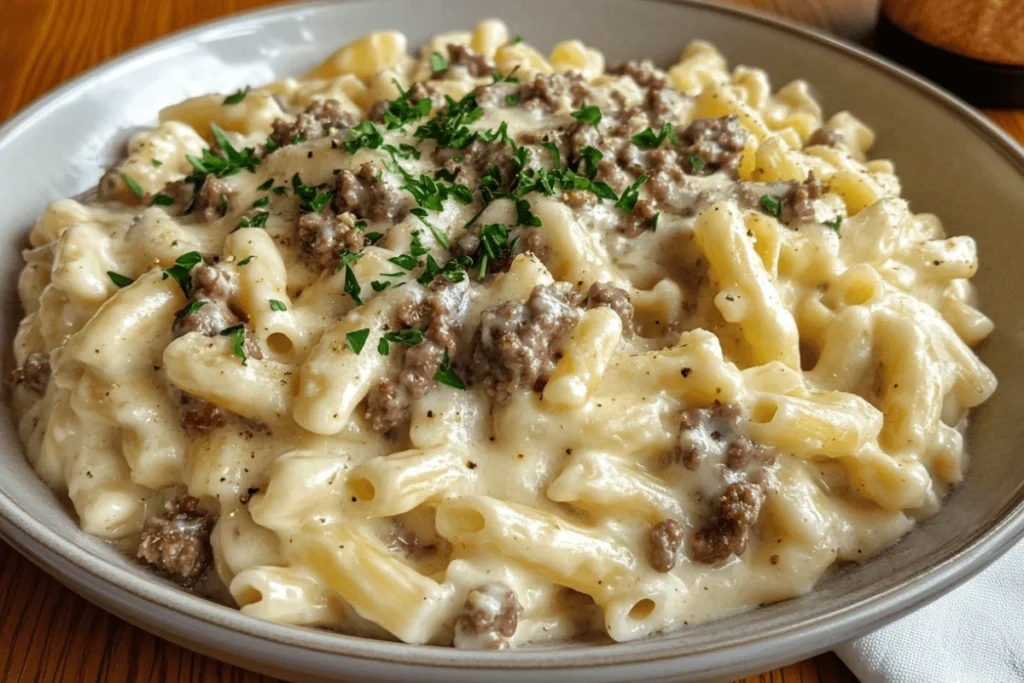 Plate of creamy hamburger meat Alfredo pasta topped with fresh parsley, perfect for an easy dinner recipe.