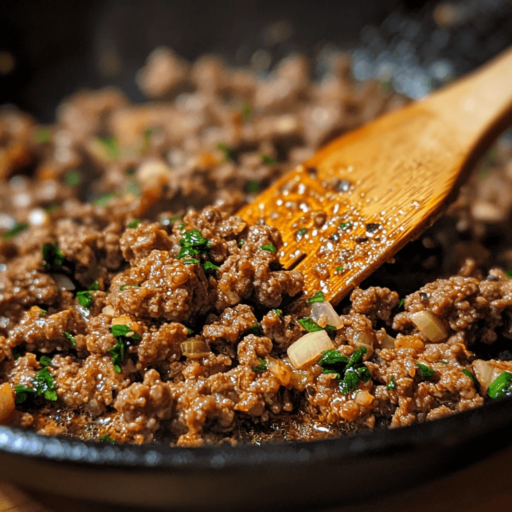 Ground beef cooking in a skillet with garlic and herbs, showing how to prepare hamburger meat for Alfredo sauce recipes.