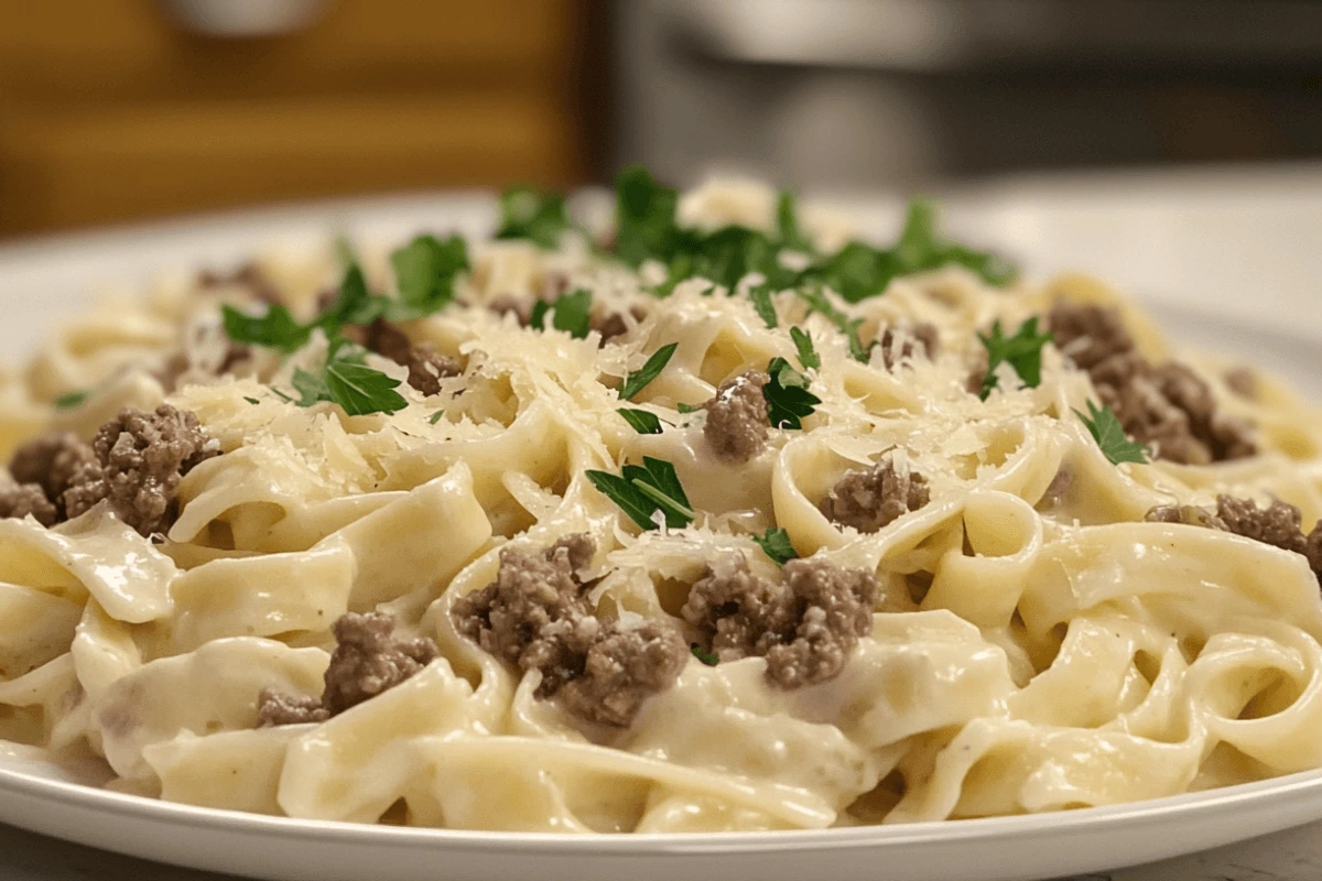 Final dish of creamy Alfredo sauce pasta with seasoned ground beef, garnished with parsley and Parmesan – perfect Alfredo sauce recipes.