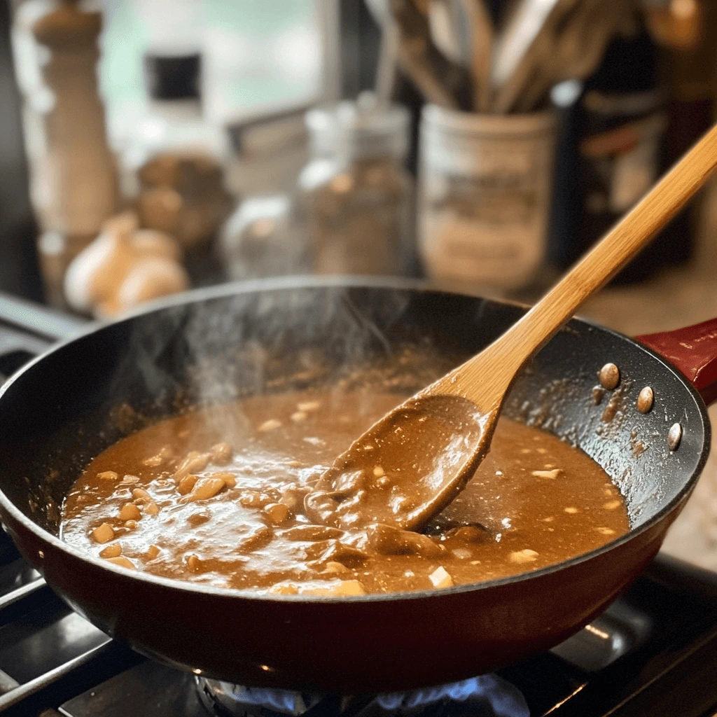 Peanut butter sauce being stirred in a skillet, a key step in the chicken with peanut butter recipe preparation.