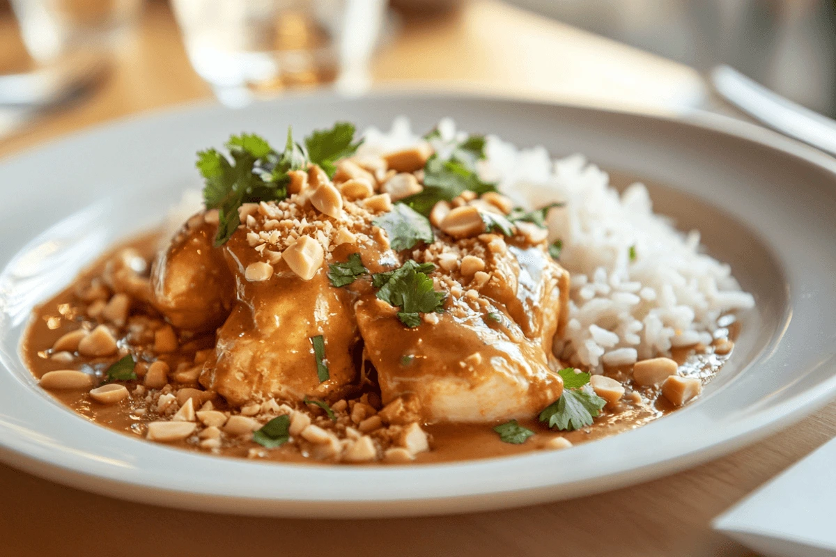 Close-up of chicken with peanut butter recipe served on steamed rice, garnished with crushed peanuts and cilantro, showcasing the final dish.